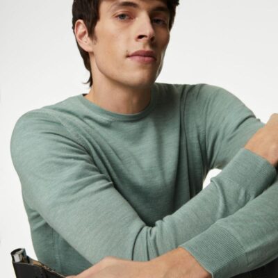 Autograph Pure Extra Fine Merino Wool Crew Neck Jumper Soft Green | Mens The Smart Edit