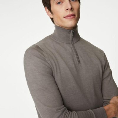 Autograph Pure Extra Fine Merino Wool Half Zip Jumper Taupe | Mens The Smart Edit