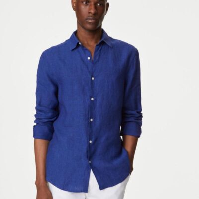 M&S Collection Pure Linen Slim Fit Shirt Rich Blue | Mens Shirts