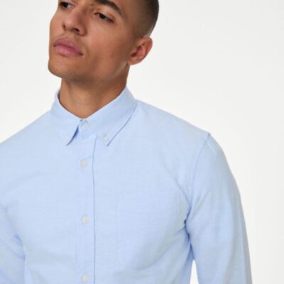 M&S Collection Slim Fit Pure Cotton Oxford Shirt Blue | Mens Shirts