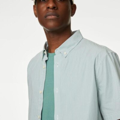 M&S Collection Pure Cotton Striped Shirt Green Mix | Mens Shirts