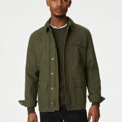 M&S Collection Pure Cotton Utility Jacket Khaki | Mens Coats & Jackets