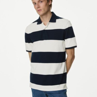 M&S Collection Pure Cotton Striped Pique Polo Shirt Navy Mix | Mens Tops & T-shirts