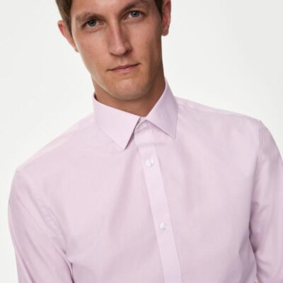 M&S Collection Slim Fit Easy Iron Cotton Blend Shirt Pink | Mens Formal Shirts