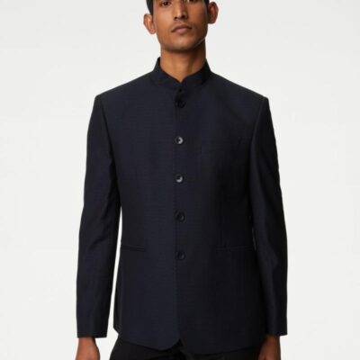 M&S Collection Textured Jacquard Nehru Jacket Navy | Mens Blazers