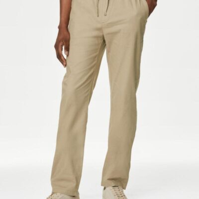 M&S Collection Tapered Fit Linen Blend Trousers Camel | Mens Trousers