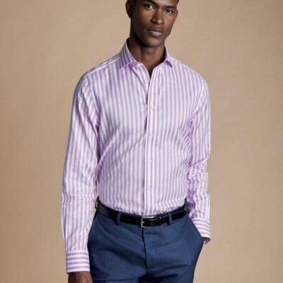 Charles Tyrwhitt Slim Fit Non Iron Pure Cotton Striped Shirt Purple Mix | Mens Formal Shirts