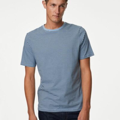 M&S Collection Pure Cotton Striped Crew Neck T-Shirt Light Chambray | Mens Tops & T-shirts