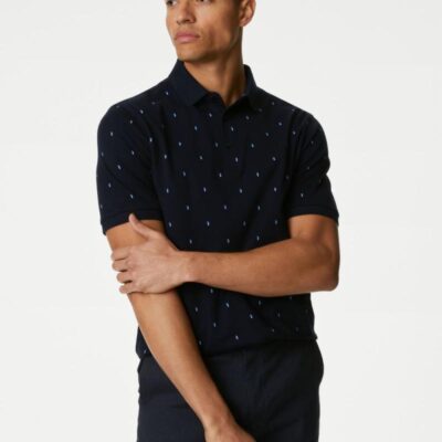 M&S Collection Pure Cotton Geometric Print Polo Shirt Dark Navy | Mens Tops & T-shirts