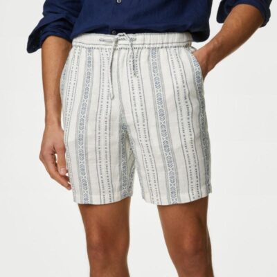 M&S Collection Linen Rich Elasticated Waist Shorts Blue Mix | Mens Shorts