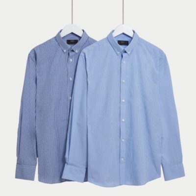 M&S Collection 2pk Regular Fit Easy Iron Long Sleeve Shirts Blue Mix | Mens Formal Shirts