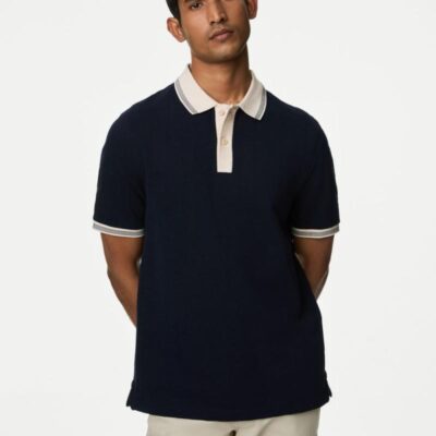 M&S Collection Cotton Rich Textured Polo Shirt Dark Navy | Mens Tops & T-shirts