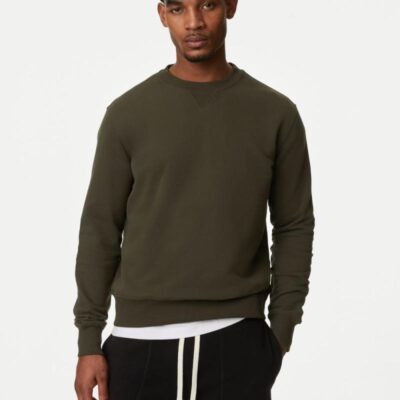 M&S Collection Pure Cotton Crew Neck Sweatshirt Medium Khaki | Mens Hoodies & Sweatshirts