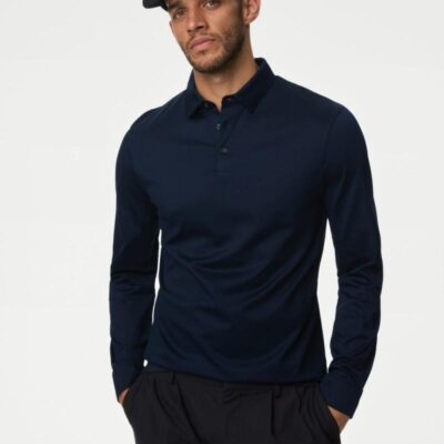 Autograph Pure Supima® Cotton Long Sleeve Polo Shirt Dark Navy | Mens Tops & T-shirts