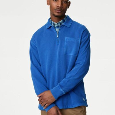 M&S Collection Relaxed Fit Pure Cotton Half Zip Sweatshirt Rich Blue | Mens Hoodies & Sweatshirts