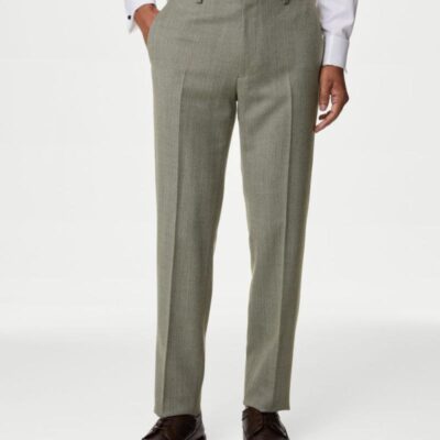 M&S Collection Slim Fit Wool Blend Herringbone Trousers Khaki | Mens Trousers