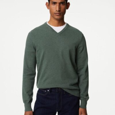 M&S Collection Pure Cotton V-Neck Knitted Jumper Dark Sage | Mens Jumpers & Knitwear