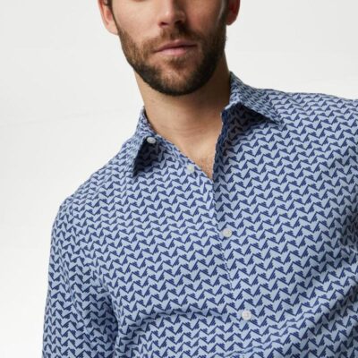 M&S Collection Easy Iron Geometric Print Shirt Blue Mix | Mens Shirts