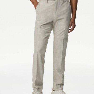 M&S Collection Tailored Fit Check Active Waist Trousers Neutral | Mens Smart Trousers