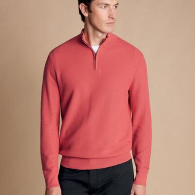 Charles Tyrwhitt Pure Cotton Textured Half Zip Jumper Coral | Mens Jumpers & Knitwear