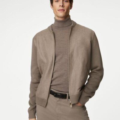 Autograph Cotton Rich Zip Up Knitted Bomber Taupe | Mens Jumpers & Knitwear