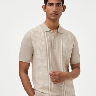 M&S Collection Cotton Rich Striped Polo Shirt Ecru | Mens Tops & T-shirts