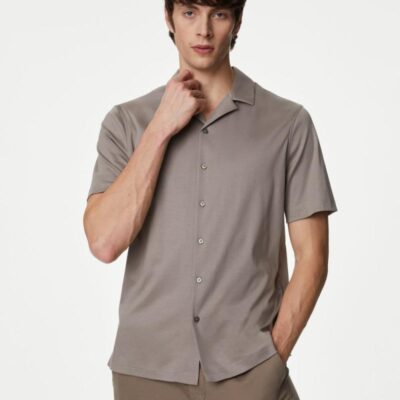 Autograph Pure Cotton Cuban Collar Jersey Shirt Taupe | Mens Shirts