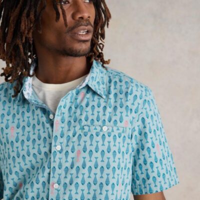 White Stuff Pure Cotton Fish Print Short Sleeved Shirt Blue Mix | Mens Shirts