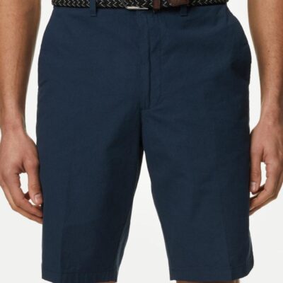 M&S Collection Pure Cotton Checked Belted Chino Shorts Navy Mix | Mens Shorts