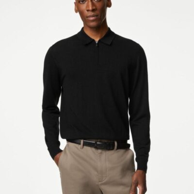 Autograph Pure Extra Fine Merino Wool Knitted Polo Black | Mens Polo Shirts