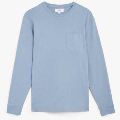 M&S Collection Pure Cotton Long Sleeve T-Shirt Light Airforce | Mens Tops & T-shirts