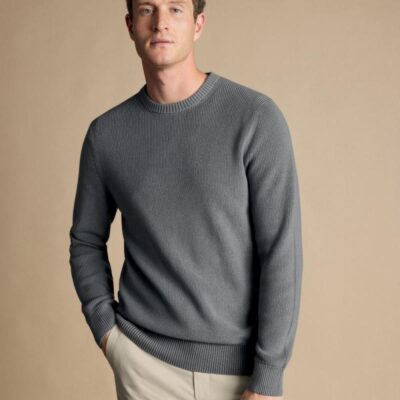 Charles Tyrwhitt Pure Cotton Ribbed Crew Neck Jumper Flint | Mens Jumpers & Knitwear