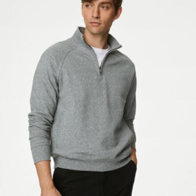 M&S Collection Pure Cotton Half Zip Sweatshirt Grey Marl | Mens Loungewear