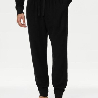 M&S Collection Pure Cotton Waffle Jogger Bottoms Black | Mens Loungewear