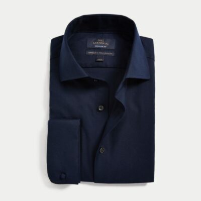 M&S SARTORIAL Regular Fit Luxury Cotton Double Cuff Twill Shirt Navy | Mens Shirts