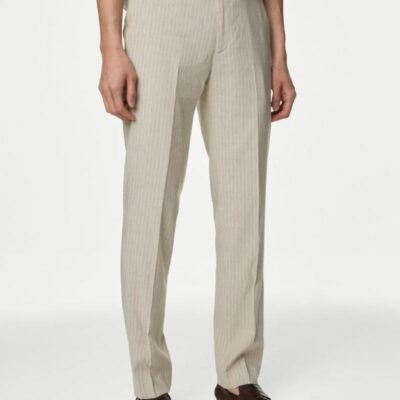 M&S Collection Tailored Fit Linen Blend Striped Trousers Neutral | Mens Trousers