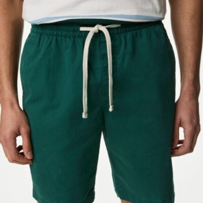 M&S Collection Pure Cotton Elasticated Waist Shorts Dark Green | Mens Shorts