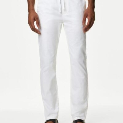 M&S Collection Tapered Fit Linen Blend Trousers White | Mens Trousers