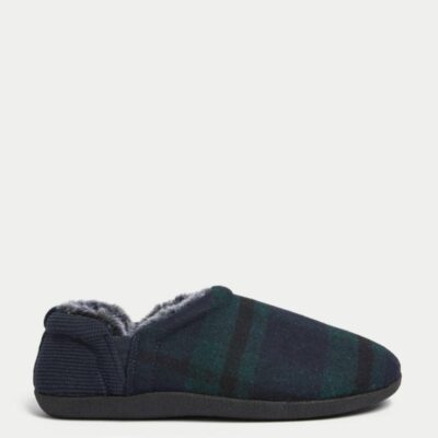 M&S Collection Checked Mule Slippers Navy Mix | Mens Slippers