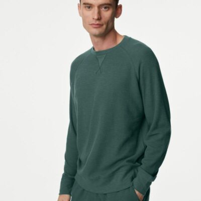 M&S Collection Pure Cotton Waffle Loungewear Sweatshirt Smokey Green | Mens Loungewear