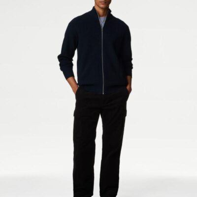 M&S Collection Cotton Blend Funnel Neck Zip Up Jumper Navy | Mens Jumpers & Knitwear