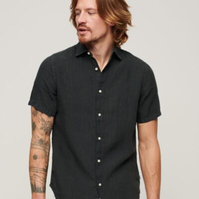 Superdry Slim Fit Pure Linen Striped Shirt Black | Mens Shirts