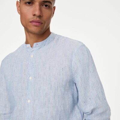 M&S Collection Pure Linen Striped Grandad Collar Shirt Blue Mix | Mens Shirts