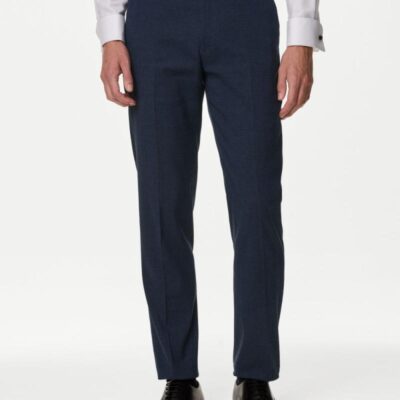 M&S Collection Tailored Fit Italian Linen Miracle™ Puppytooth Suit Trousers Navy | Mens Suits