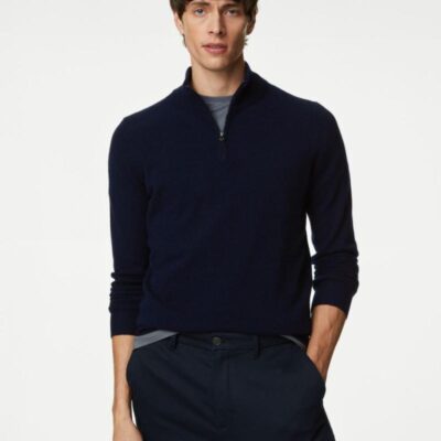 Autograph Pure Cashmere Half Zip Jumper Navy Mix | Mens Jumpers & Knitwear