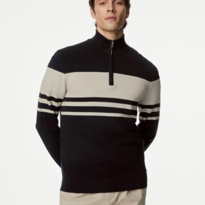 Autograph Cotton Rich Chest Stripe Half Zip Jumper Black | Mens Jumpers & Knitwear