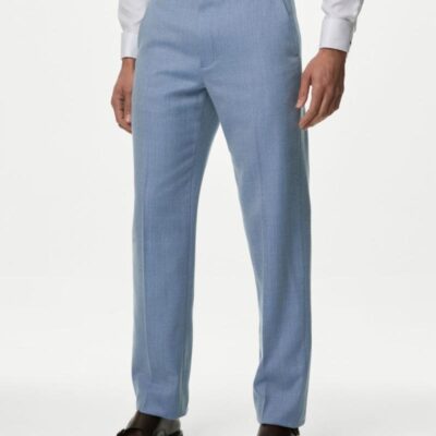 M&S Collection Slim Fit Wool Blend Herringbone Trousers Blue | Mens Trousers