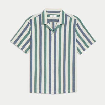 M&S Collection Easy Iron Pure Cotton Seersucker Striped Shirt Green Mix | Mens Shirts