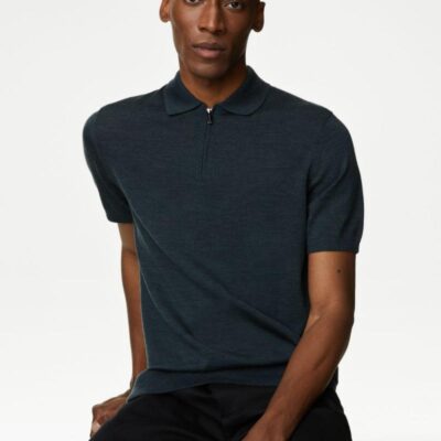 Autograph Pure Extra Fine Merino Wool Knitted Polo Shirt Graphite | Mens Tops & T-shirts