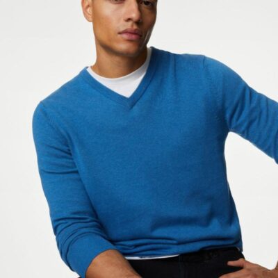 M&S Collection Pure Cotton V-Neck Knitted Jumper Periwinkle | Mens Jumpers & Knitwear